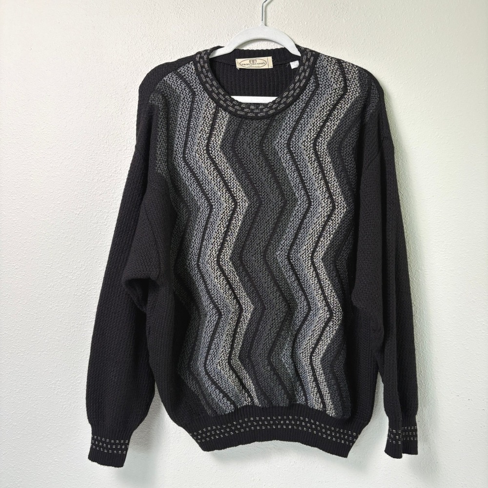 Pronto Uomo Sweater Mens XL Black Grey Zigzag Chevron Knit Italy IT 54 Pullover